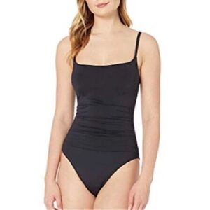 NWT La Blanca Island Goddess Rouched One Piece Swimsuit Women's Black UPF 50